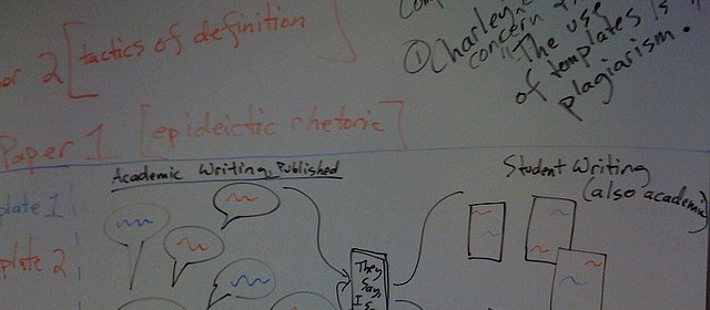 Photo of writing on a whiteboard from a classroom discussion on rhetoric